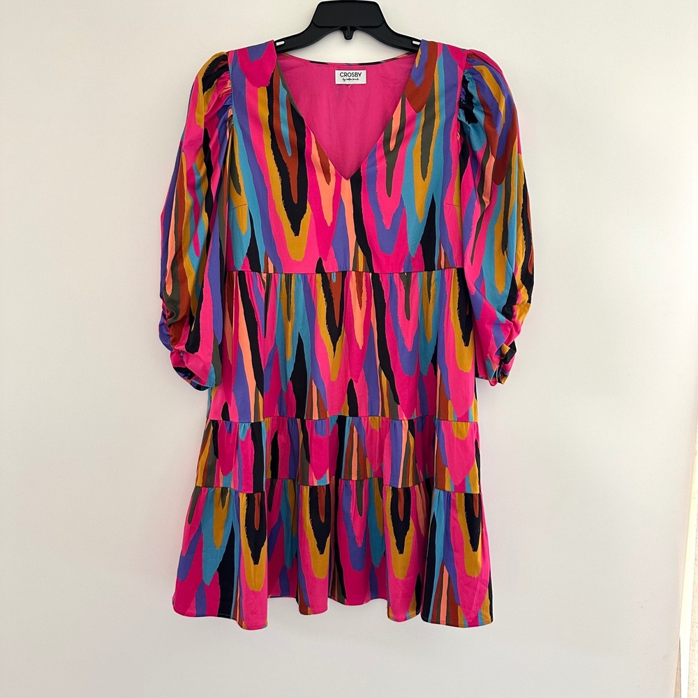 Crosby by Mollie Burch Pink Abstract Tiered Mini Dress Medium? See Measurements
